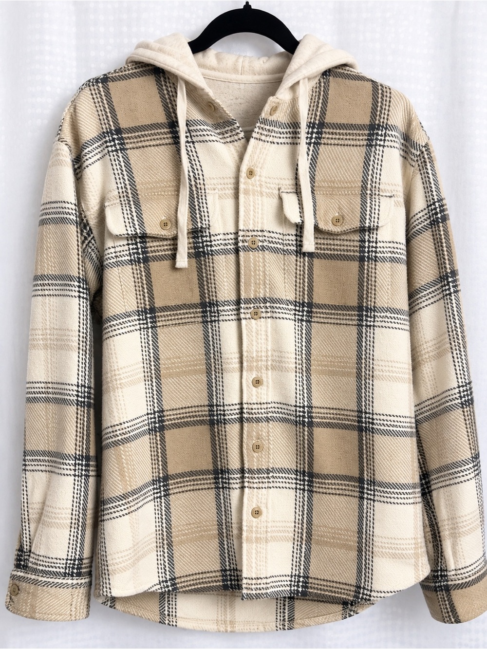 American Eagle Outfitters Beige Cream Plaid Hooded Shirt Jacket
